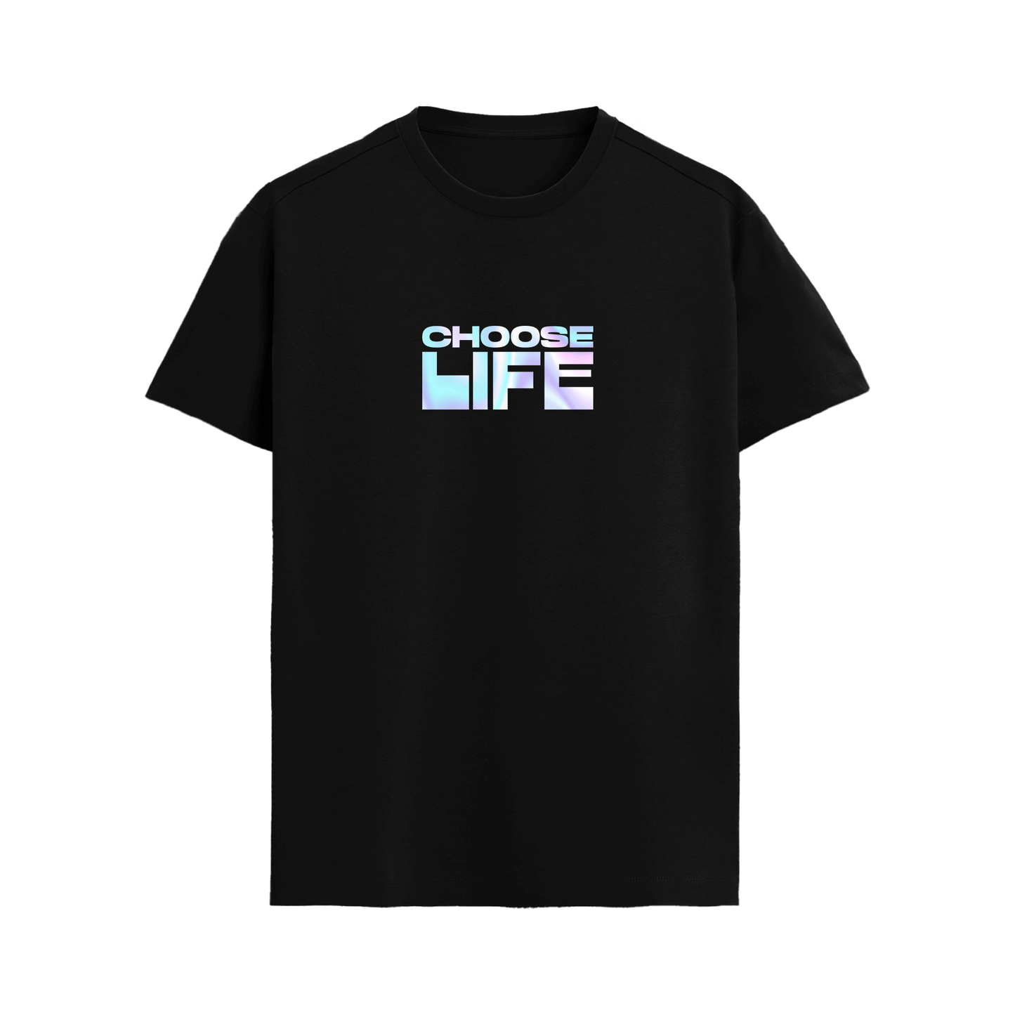 Black t-shirt with 'CHOOSE LIFE' text on a white background