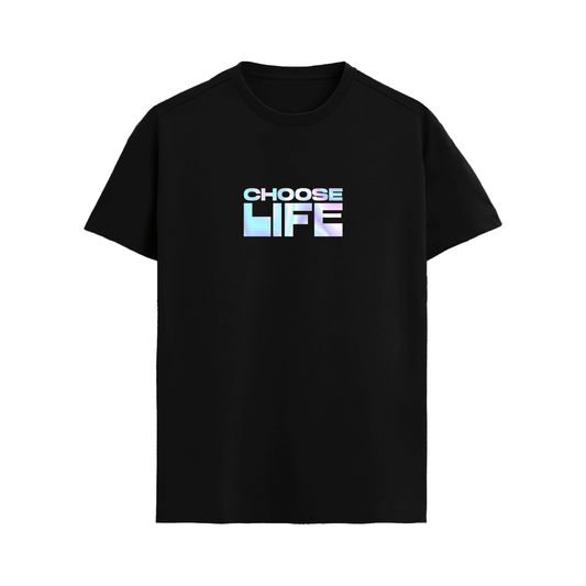 Black t-shirt with 'CHOOSE LIFE' text on a white background