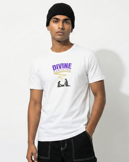 Man wearing a white t-shirt with 'Divine' logo on a plain background