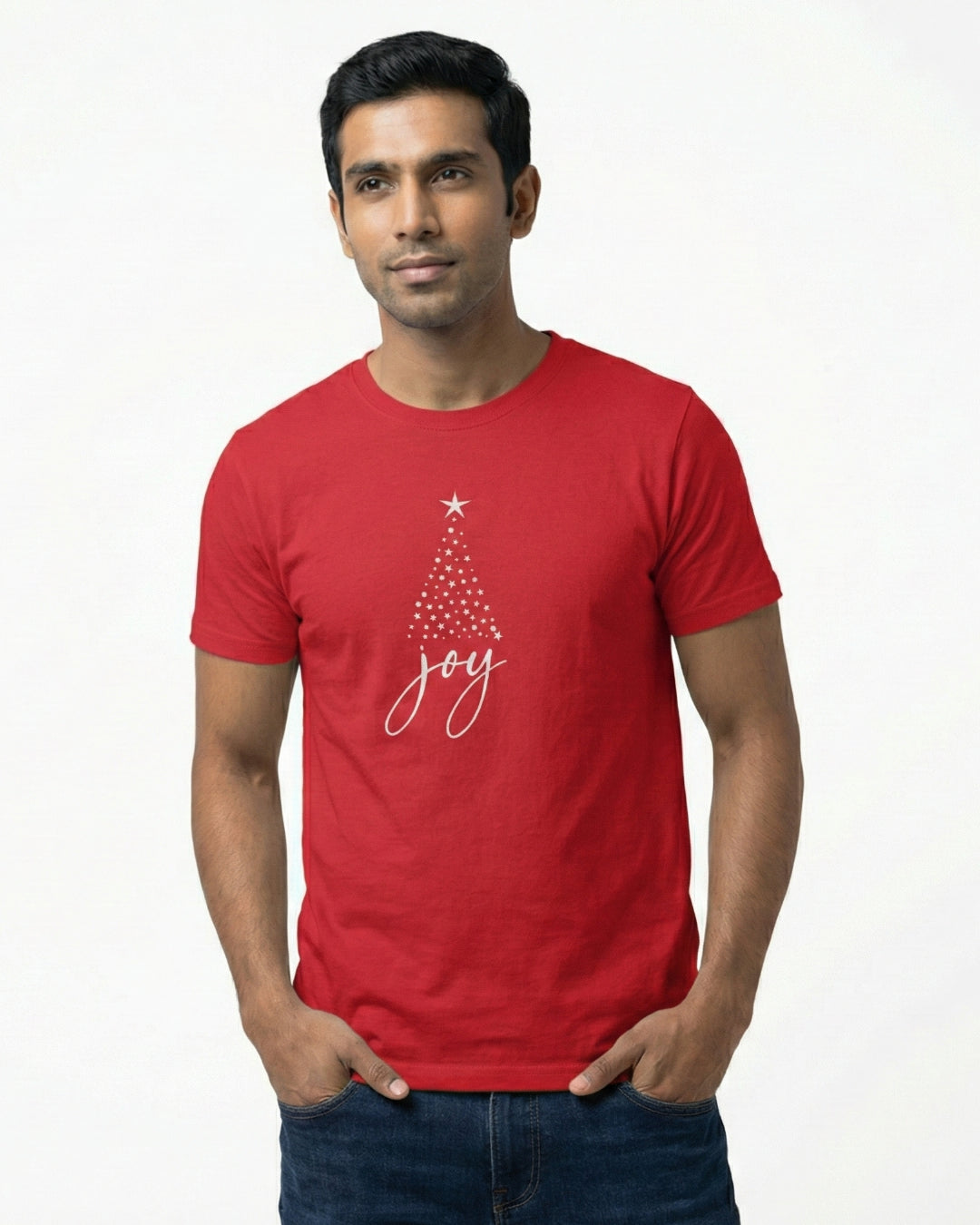 Man wearing a red t-shirt with a Christmas tree design and 'joy' text on a white background